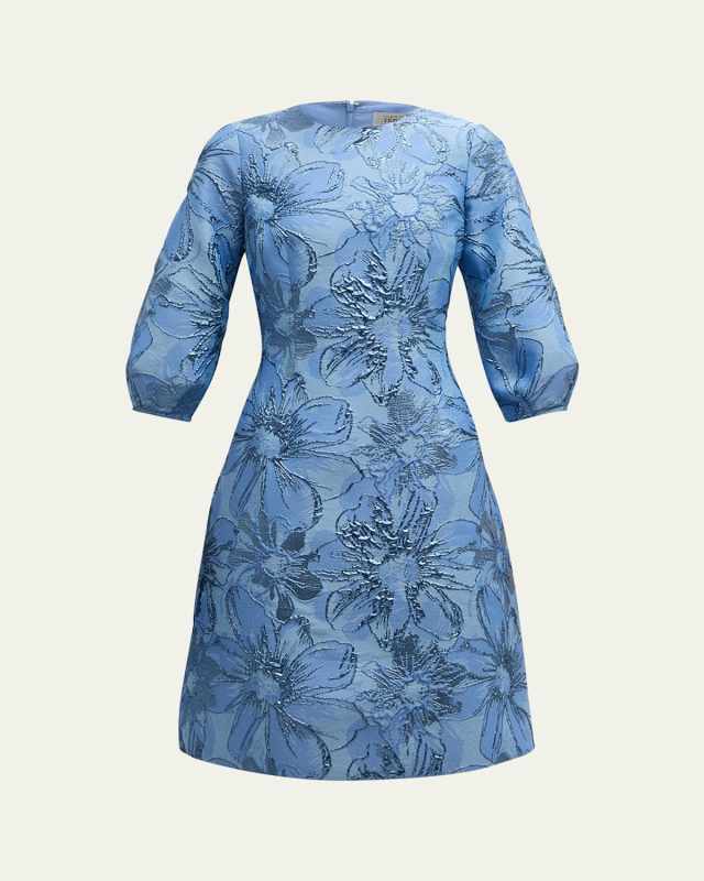 Blouson-Sleeve Metallic Jacquard Midi Dress